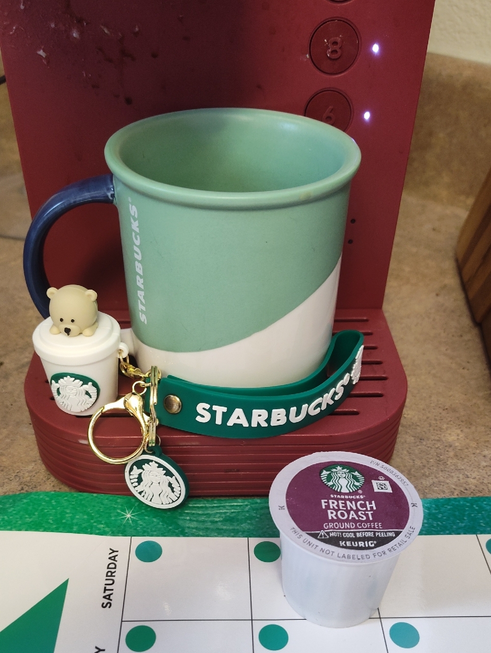Starbucks Mint Green White Ceramic Mug  12 Oz Logo On Side Barista Bear Keychain